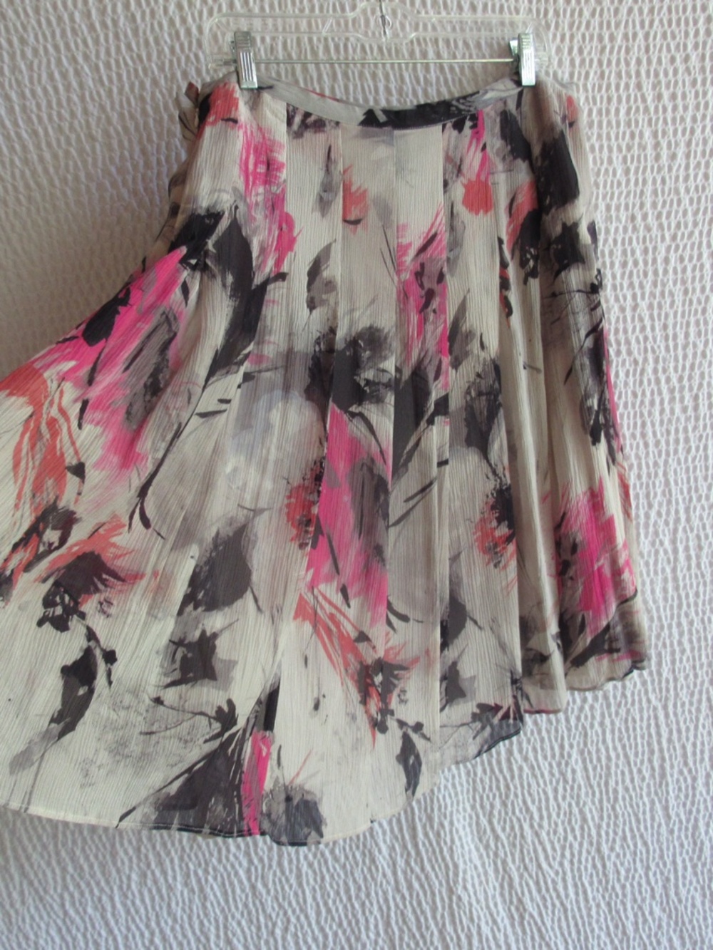100% Silk Skirt L 16 Pink Gray Coral Black a Line Flowy Knee Length Lined